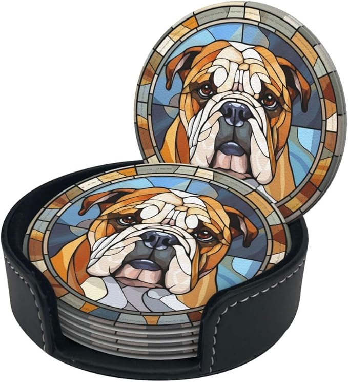 Drink Coaster Set of 6, Bulldog Dog Mom Lover Gift, Leather Drink Coasters - Image 2