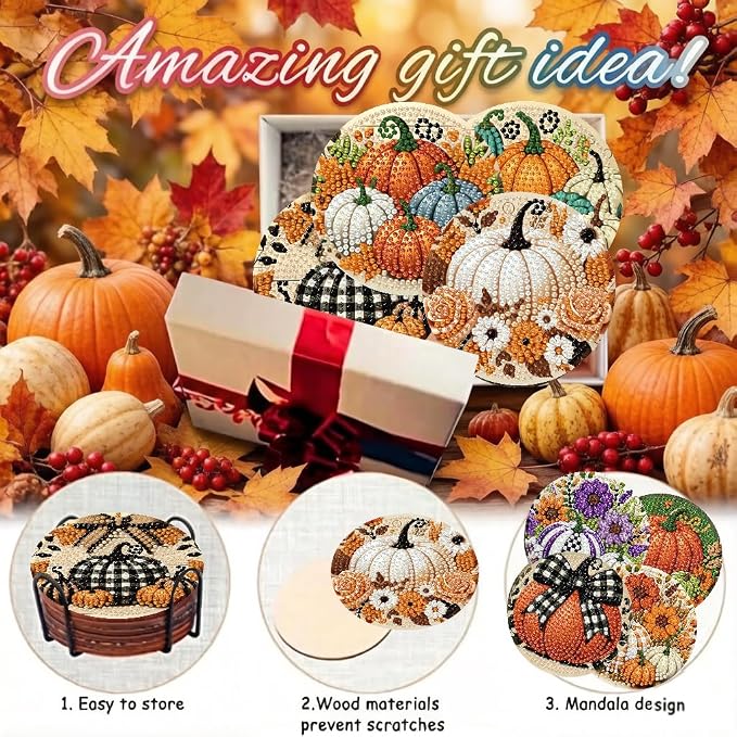 LWZAYS 8 PCS Fall Pumpkin Diamond Art Coaster Kits - Image 6