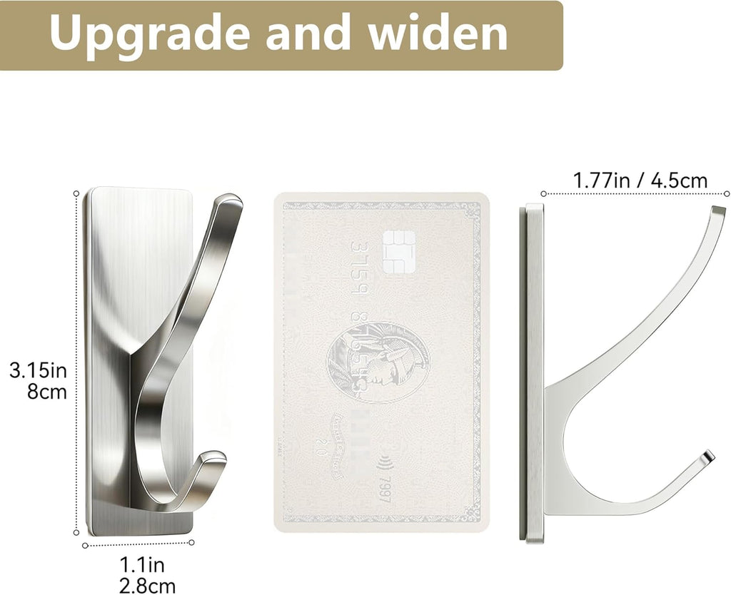 Self Adhesive Coat Hooks for Hanging: Heavy Duty Stainless Wall Hook for Towel, Backpack, Hat, Sturdy Metal Hanger for Bathroom, Bedroom, Door, Brushed Nickel, 6-Pack