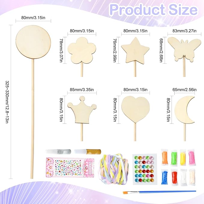 14 pcs Princess Wand Theme Undyed Wooden Cutouts Flower Crown Butterfly Star - Image 2