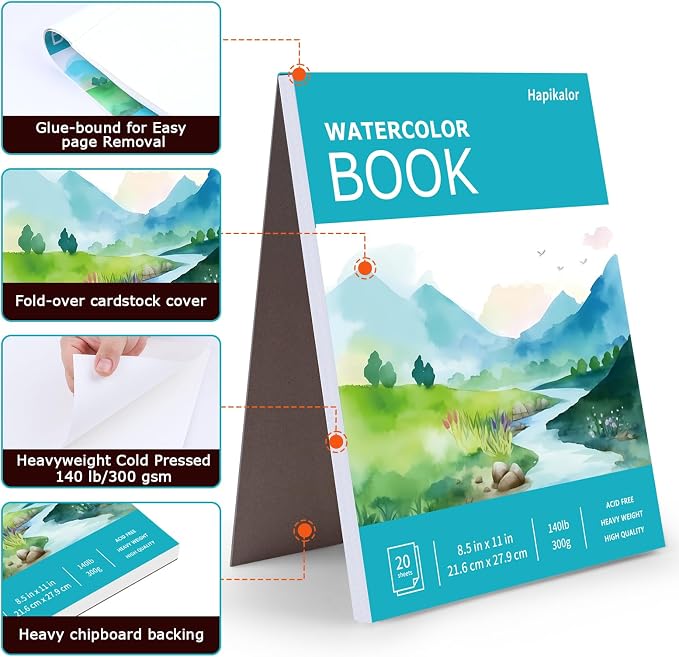 Hapikalor 8.5"x11" Watercolor Paper Pad, 140lb/300gsm Artist Painting Drawing - Image 7