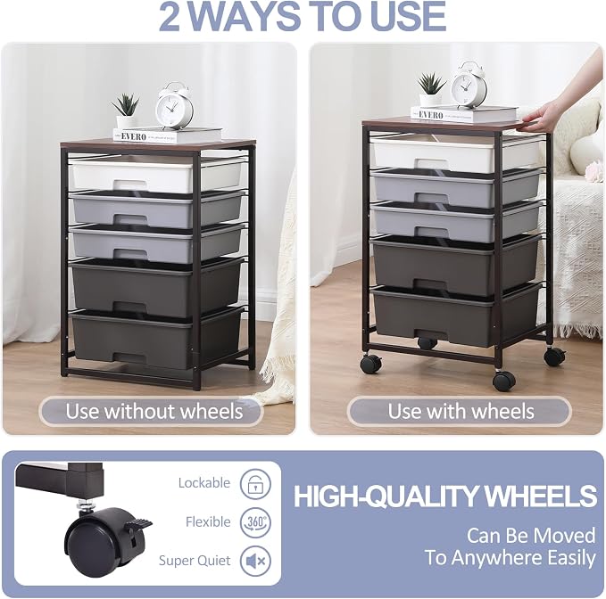 SYKIARIOL Utility Cart with 5 Drawers, Storage Drawer Cart with Wooden Tabletop - Image 7