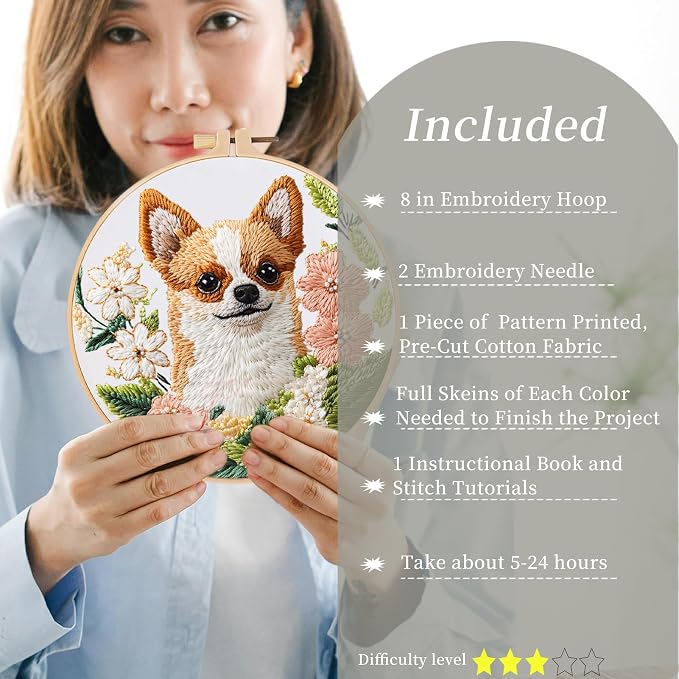 FONNUY Chihuahua Dog Floral Embroidery Kit, Cross Stitch Kits - Image 2