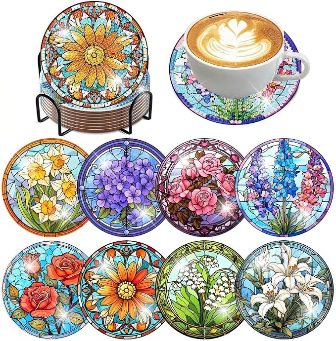 ijbnhd 8 PCS Flowers Diamond Art Coasters | Diamond Painting Coasters Kits - Image 2