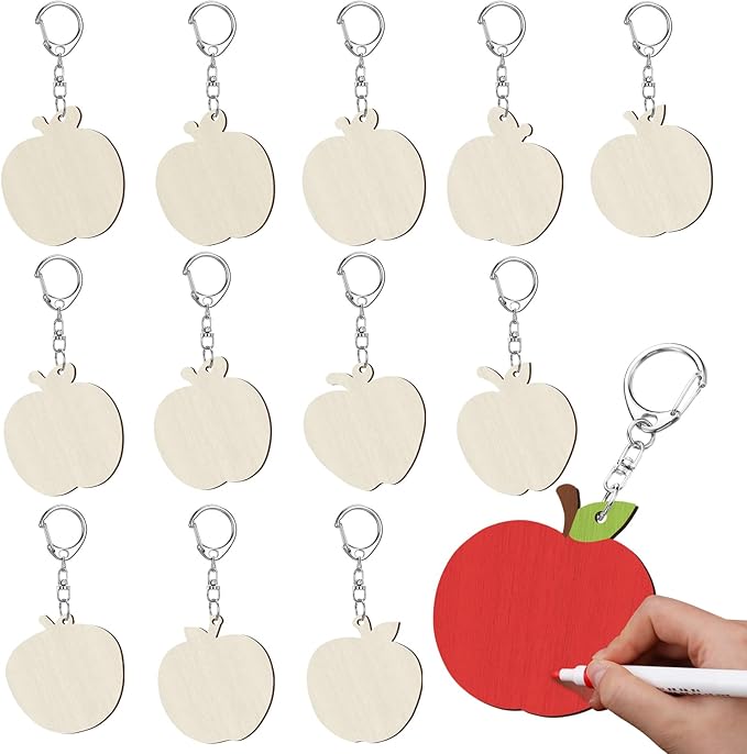 RattanView 24 Pcs Apple Craft Color Your Own Keychains DIY Craft Wooden Blank by RattanView