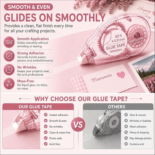 MARCADORUS Glue Tape Roller, Double Sided Tape Scrapbook 4 Pack Extra Long | - Image 5