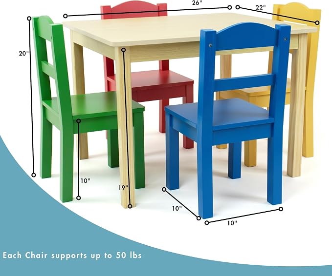 Humble Crew Kids Wooden Table and 4 Chairs Set, Natural/Primary - Image 4