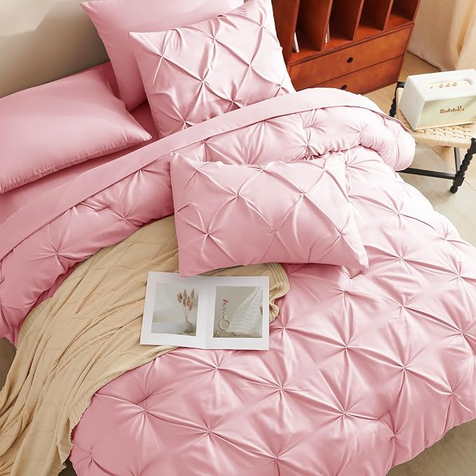 HIMEET Pintuck Bed in a Bag, 7 Pieces Queen Size Comforter Set Pink, Luxury - Image 4