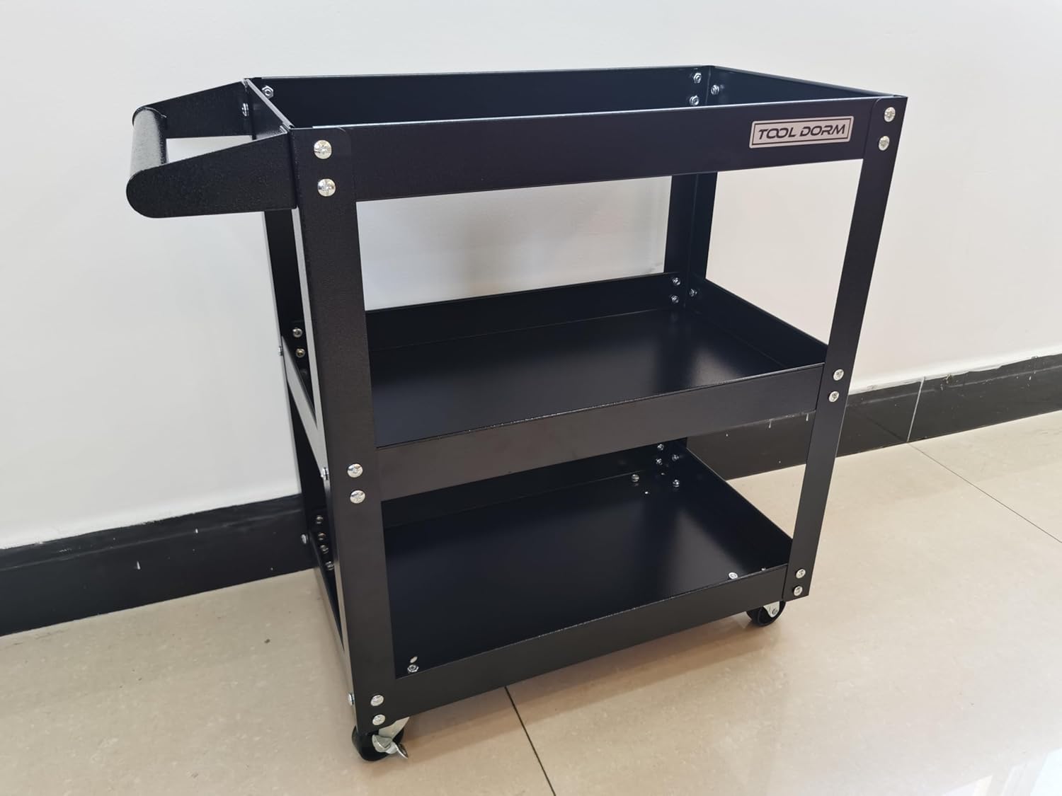 Utility Service Cart, 3 Shelf 150LBS Heavy Duty Steel Rolling Utility Cart, Medium Lipped Shelf, 360° Swivel Wheels, Ergonomic Storage Handle for Warehouse Garage, Black