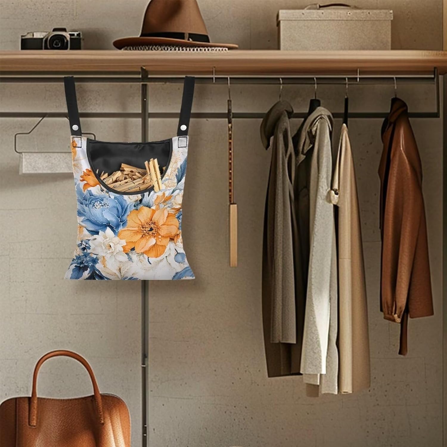 Art Flowers Clothespin Bag with Hanging Hook Summer Laundry Clothes Pin Holders Waterproof Clothes Pin Hanging Bag Clothespin Storage Organizer with Large Opening