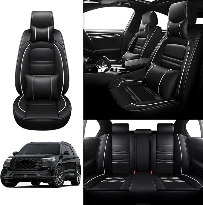 Car Seat Covers for Ford Explorer 2011-2025 | 5-Seats Seat Covers, Waterproof Seat Protectors, Automotive Seat Covers (Full Set with Pillow,Black&White Line)