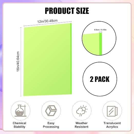 Fluorescent Green Acrylic Sheets 1/8 inch Thick 3mm 2 Pack 12 x 16 Clear - Image 2
