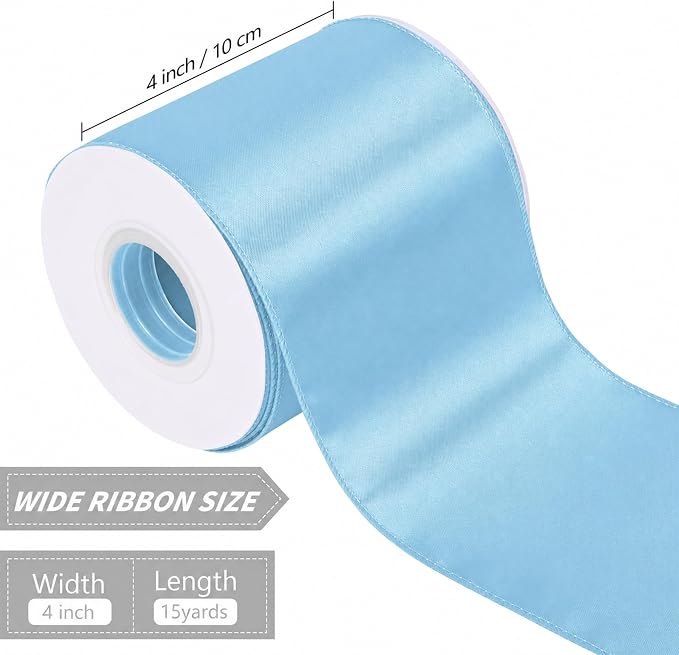 Light Blue 4 Inch Continuous 15 Yards Satin Wired Ribbon - Image 2