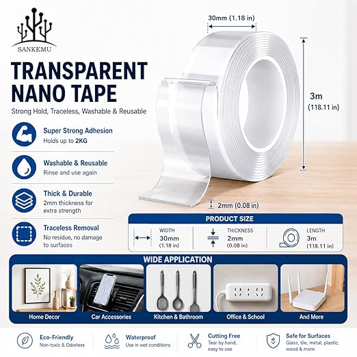 SANKEMU Double-Sided Tape Heavy Duty 9.84 FT x 1.18 in – Clear Removable - Image 2