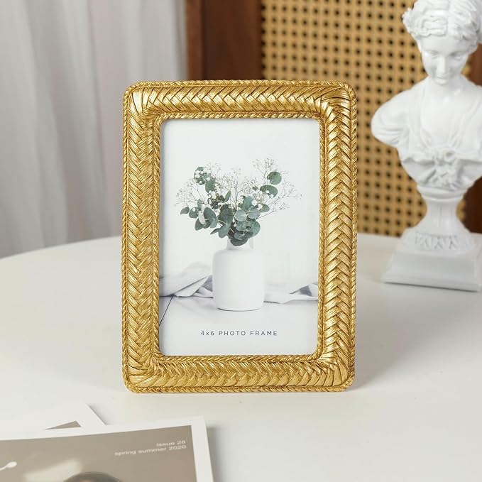Cuspin Gold 4x6 Picture Frame, Ornate Decorative Rattan Resin Photo Frame - Image 7