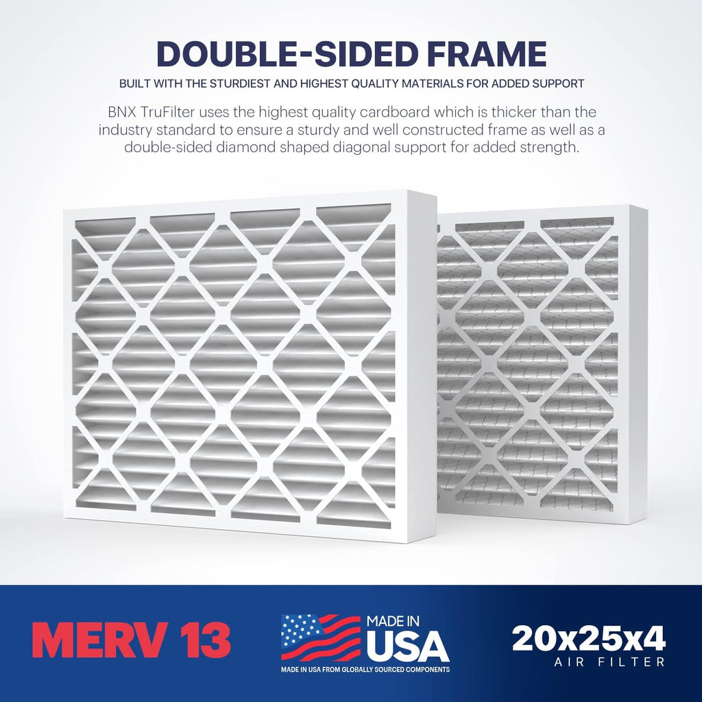 BNX TruFilter 20x25x4 (19.5’’ x 24.5’’ x 3.63‘’ Slim Fit) MERV 13 Air Filter (2-Pack) - MADE IN USA - Air Conditioner HVAC AC Furnace Filters Health, Allergies, Mold, Bacteria, Smoke, MPR 1900 FPR 10