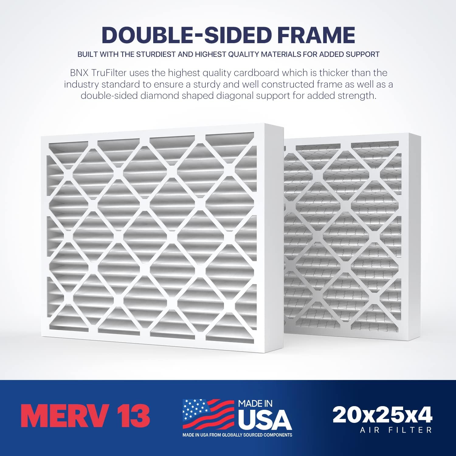 BNX TruFilter 20x25x4 (19.5’’ x 24.5’’ x 3.63‘’ Slim Fit) MERV 13 Air Filter (2-Pack) - MADE IN USA - Air Conditioner HVAC AC Furnace Filters Health, Allergies, Mold, Bacteria, Smoke, MPR 1900 FPR 10