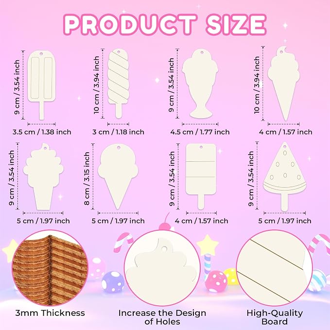 40Pcs Ice Cream Unfinished Wooden 8 Style Cutouts Ornaments DIY Craft Paintable - Image 2