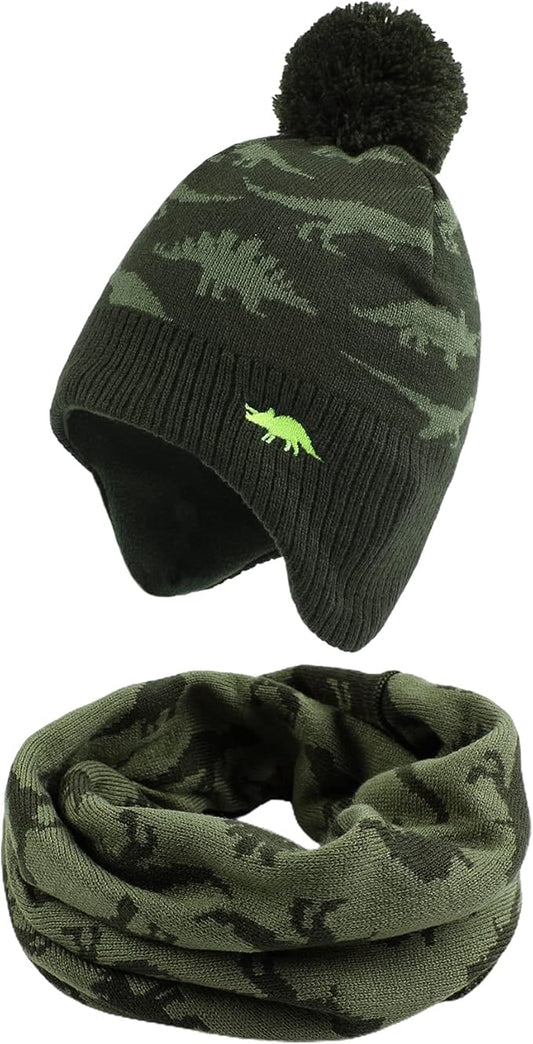 JANGANNSA Knitted Baby Hat Scarf Set Winter Warm Boys Girls Beanie Fleece Lining Toddler Kids Hats with Pompom
