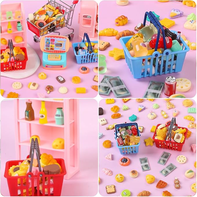 DULEFUN 143pcs Mini Shopping Cart Basket Miniature Food Drink Bottle Toys - Image 3