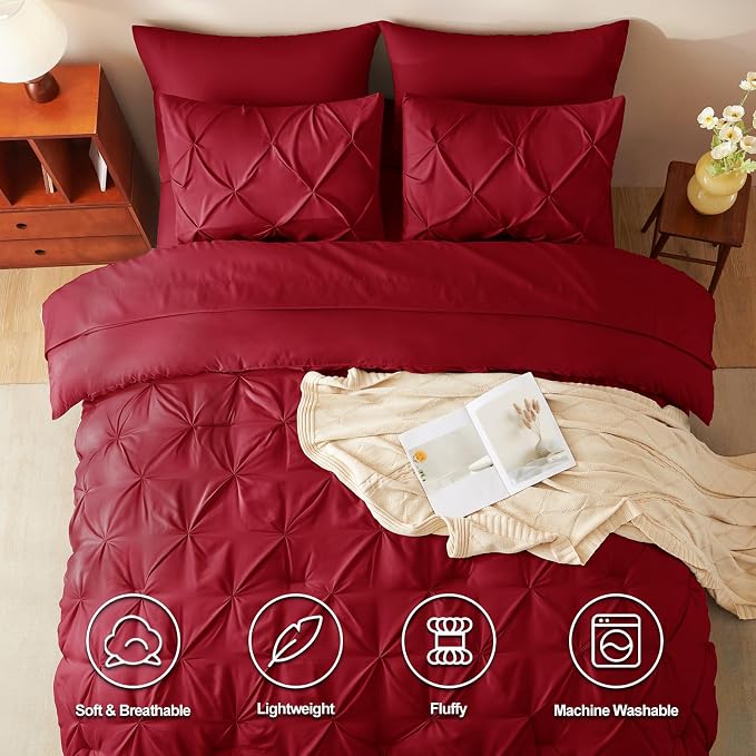 CozyLux Queen Comforter Set Dark Red, 7 Pieces Pintuck Bed in A Bag, Premium - Image 2