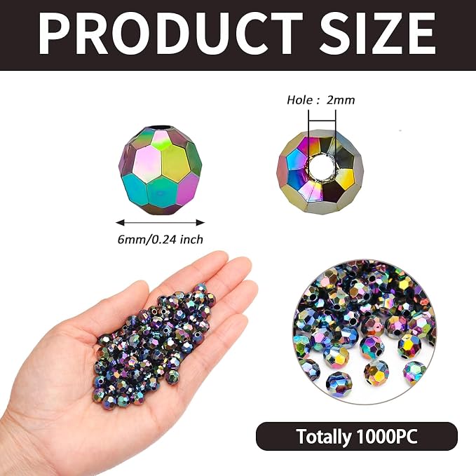 BONNY BOXX 1000pcs 6mm Acrylic Faceted Round Crystal Beads Transparent Black AB - Image 2