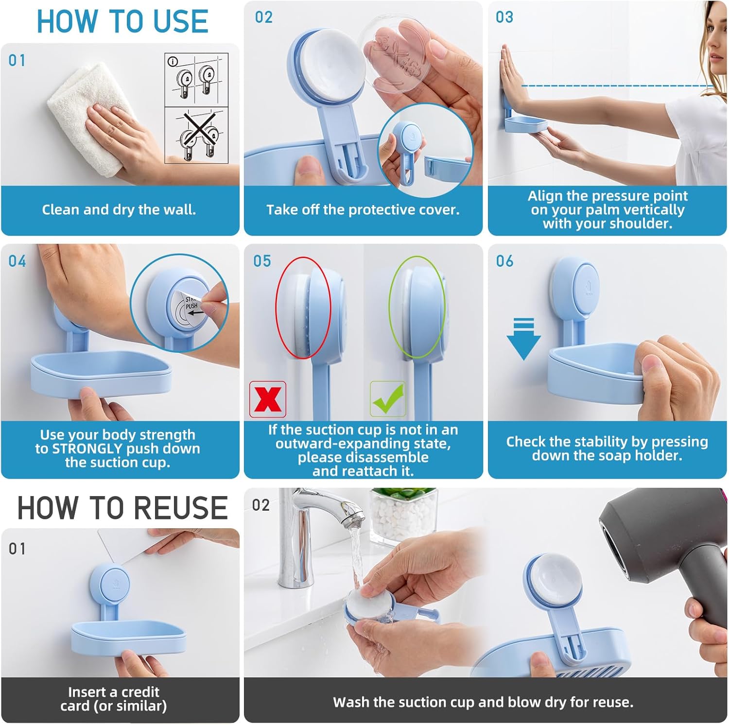 LEVERLOC Soap Dish Holder for Shower Suction Cup Wall Mounted Self Draining NO-Drilling Removable Bar Soap Sponge Holder for Bathroom Bathtub Kitchen Sink Waterproof Strong Vacuum Suction, Blue