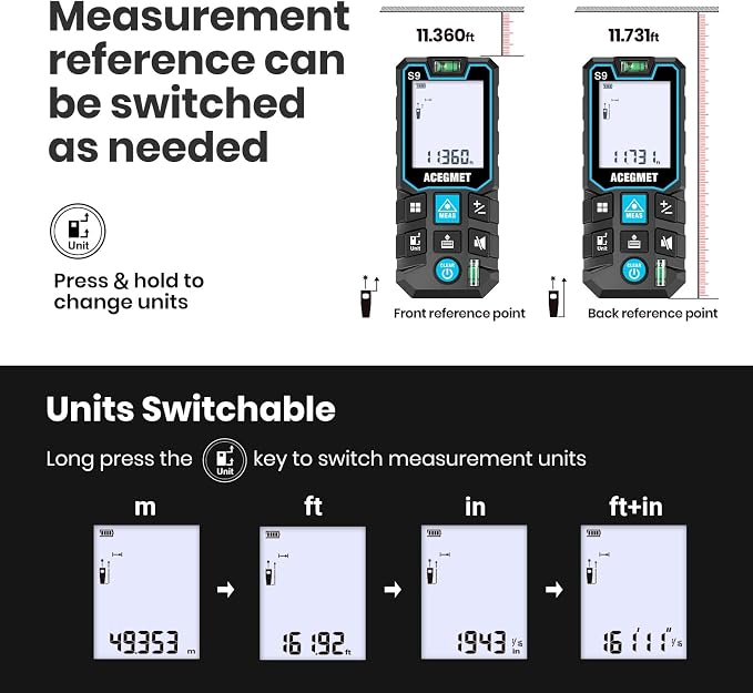 Laser Measure, ACEGMET Laser Measurement Tool Backlit LCD - Image 5