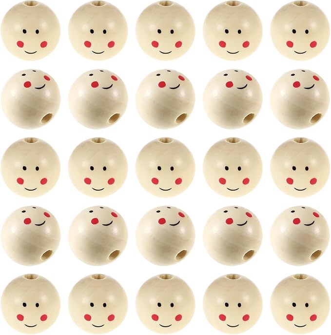 Wooden Beads 1 Inch/25mm Smile Smiley Face Large Hole Round Wooden Beads - Image 8