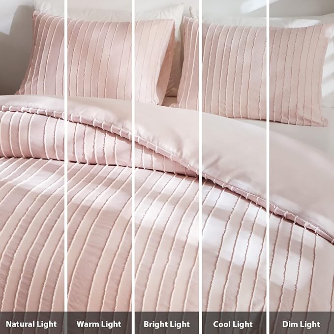 WARMDERN Pink Striped Duvet Cover Set, Boho Textured Tufted Bedding, 2 Piece - Image 8