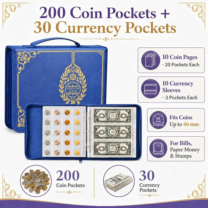 ANKHOH Zippered Coin Collection Book, 200 Pockets and 30 Bill Sleeves | PU - Image 2