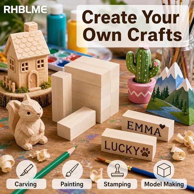 RHBLME 40 PCS Basswood Carving Blocks, Wooden Cubes Soft Solid Wooden Basswood - Image 6