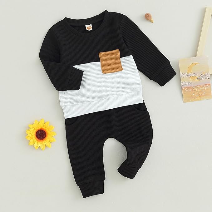 Toddler Baby Boy Fall Clothes Waffle Contrast Color Sweatshirt Pants Sets Infant Winter Outfits 6 12 18 24 Months