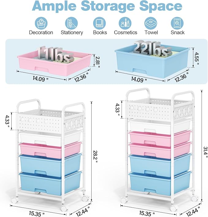 5 Drawer Rolling Storage Cart - Image 2