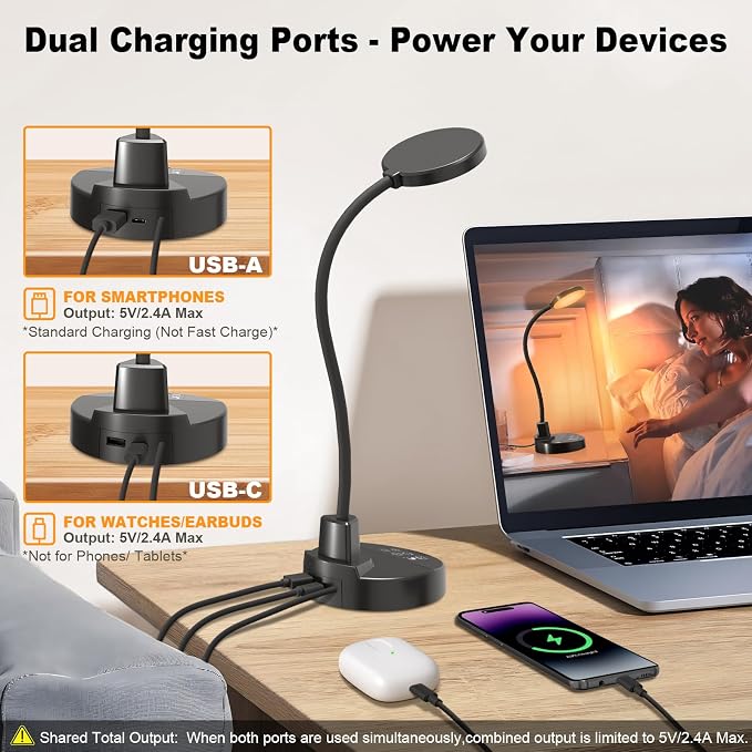 15W LED Desk Lamp with USB Charging Ports, Dimmable Table Lamp with 3 Color - Image 6