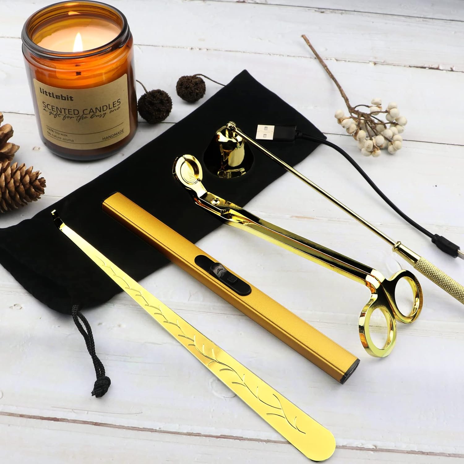4 in 1 Candle Accessory Set, USB Rechargeable Lighter, Candle Wick Trimmer Cutter, Candle Snuffer & Candle Wick Dipper for Candle Aromatherapy Lover Gift, Stainless Steel Candle Care Kit (Golden)