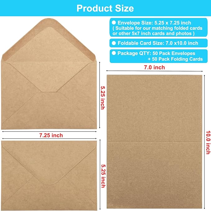 Blank Cards and Envelopes 5x7 inches, 50 Pack Brown Blank Note Cards Greeting - Image 2
