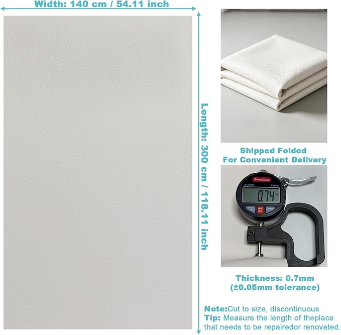 White Faux Leather Fabric 118"×55" Lychee Grain Upholstery Vinyl - Image 6