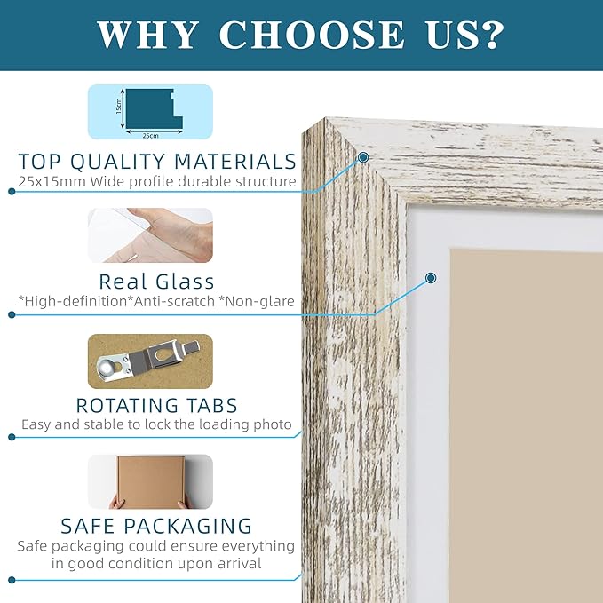 Hongkee 5x7 Picture Frame Set of 4, Made of Real Glass and Distressed White - Image 6