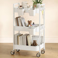 3 Tier Rolling Cart,Utility Cart with Locking Wheels, Hanging Cups,&Hooks, Heavy Duty Metal Storage Organizer Cart for Kitchen,Office, Bathroom,Craft Room,White