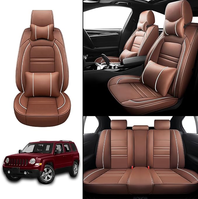 Car Seat Covers for JP Patriot 2009-2017 | 5-Seats Seat Covers, Waterproof Seat Protectors, Automotive Seat Covers (Full Set with Pillow,Coffee)