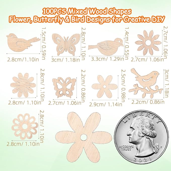 Amosfun 100PCS Wooden Cutouts for Crafts, Unfinished Wood Flowers Bird and - Image 5