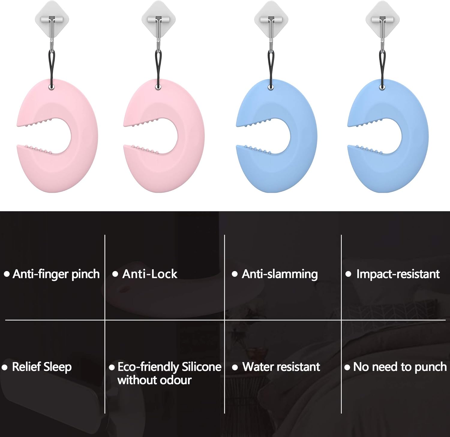 Silicone Door Pinch Guard and Door Slam Stopper, Durable Finger Pinch Guard, Prevents Pinch Injuries, Slamming Doors, Door Stopper for Kids, 4 Packs （2 Pink 2 Blue）.