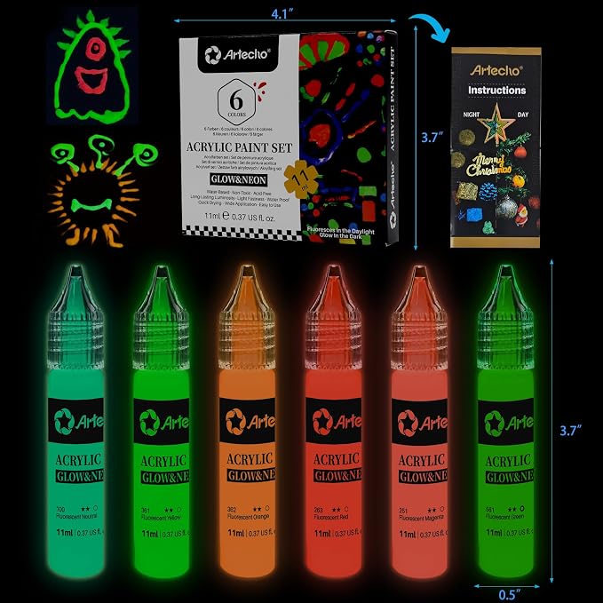 Artecho Glow in the Dark Acrylic Paint Set – 6 Colors x 11ml | Non-Toxic - Image 3