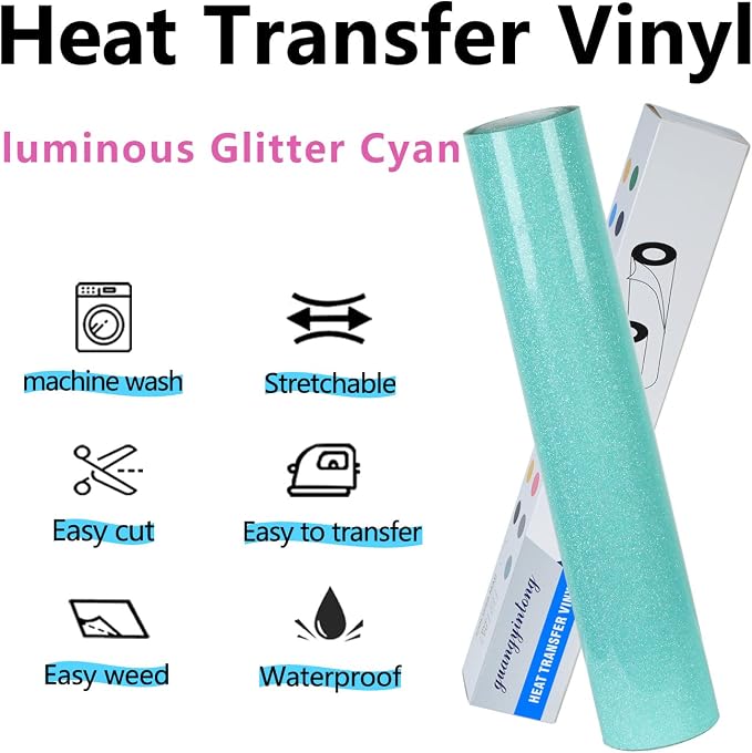 guangyintong Glow Glitter Cyan Heat Transfer Vinyl HTV Rolls, Glitter HTV Vinyl - Image 6