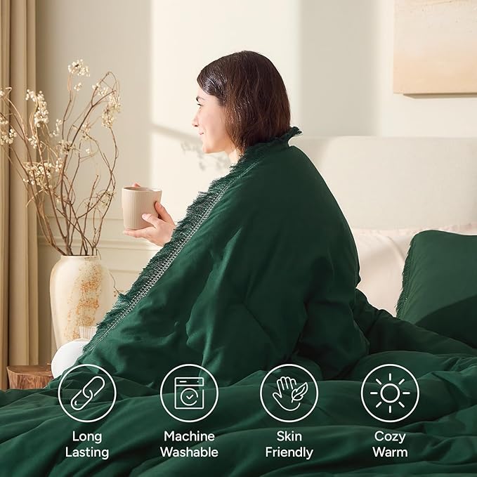 Andency Dark Emerald Green Comforter Set Full, 3 Pieces Boho Lightweight Forest - Image 4