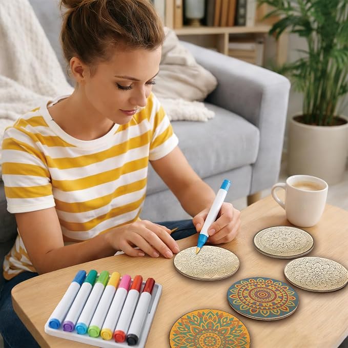 26PCS Wood Coasters Craft Kit 10 Paint You Own Coaster - Image 6