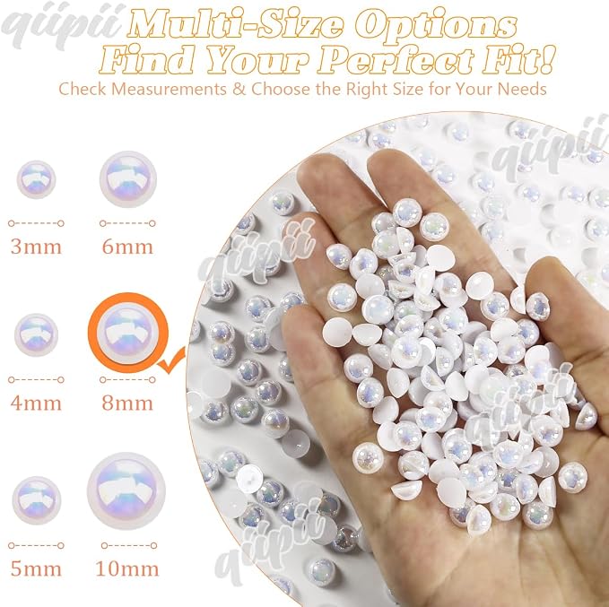 qiipii 380PCS 8mm White AB Round Half Round Pearls - Image 3