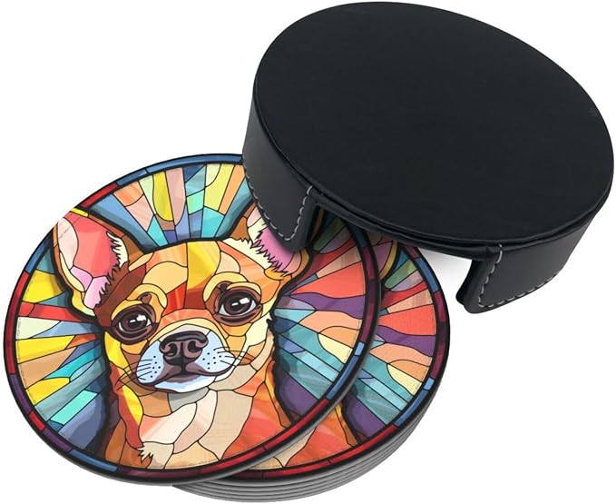 Drink Coaster Set of 6, Chihuahua Dog Mom Lover Gift, Leather Drink Coasters - Image 5