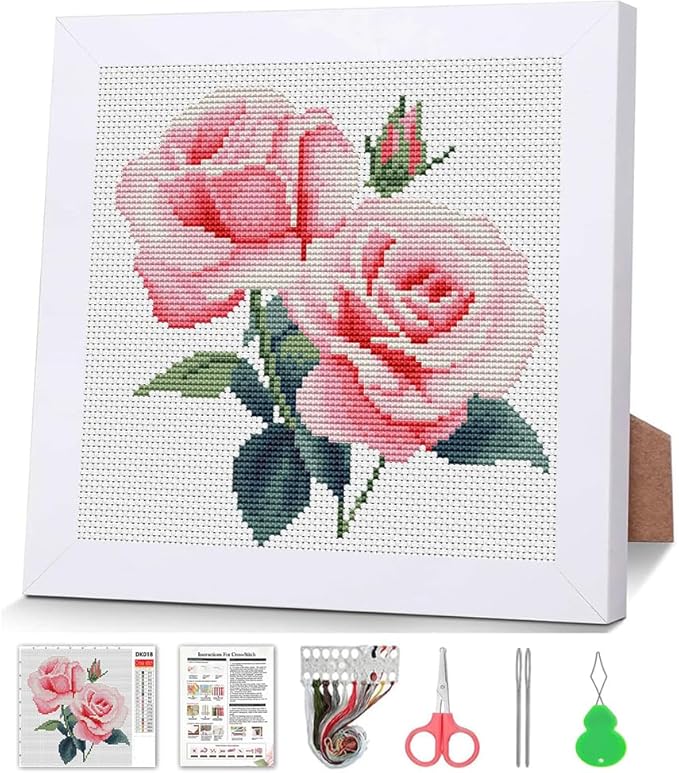 Pink Roses Cross Stitch Kits for Beginner, Flowers Stamped Cross Stitch Kits by VIGEGU